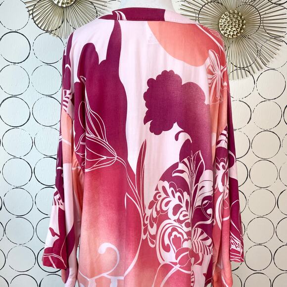 Natori Womens Floral Kimono Dress M Pink Wide Sleeve Pockets Artsy Resort - Picture 12 of 15